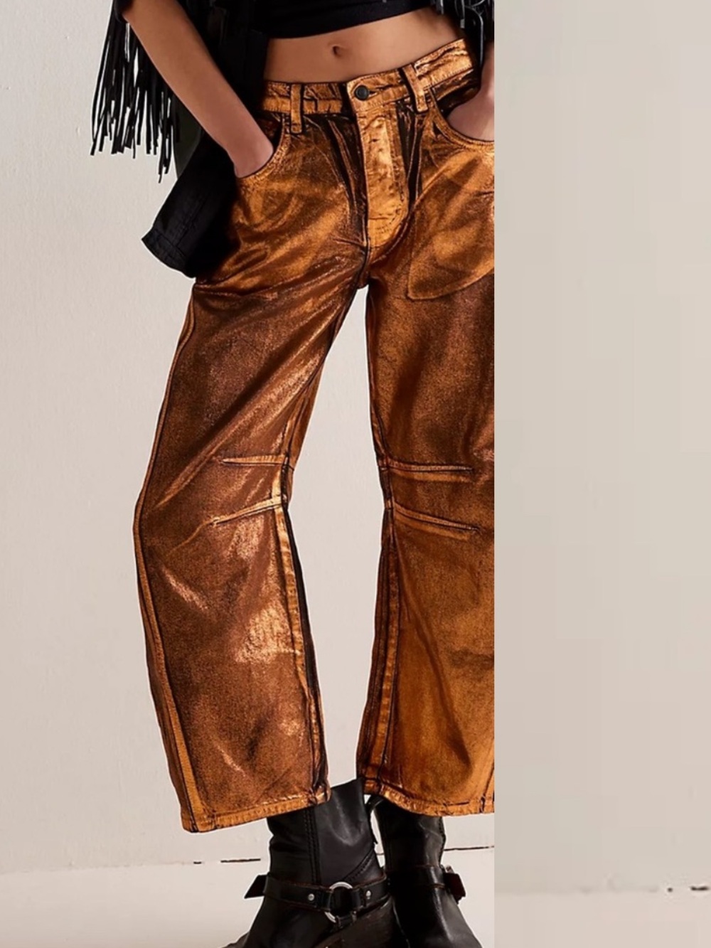 NWOT FREE PEOPLE We The Free Good Luck Mid-Rise Metallic Barrel Jeans SZ:28